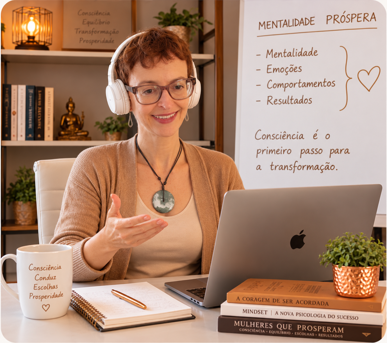 Sefi Strengerowski com fones de ouvido durante uma sessão online sobre mentalidade próspera.