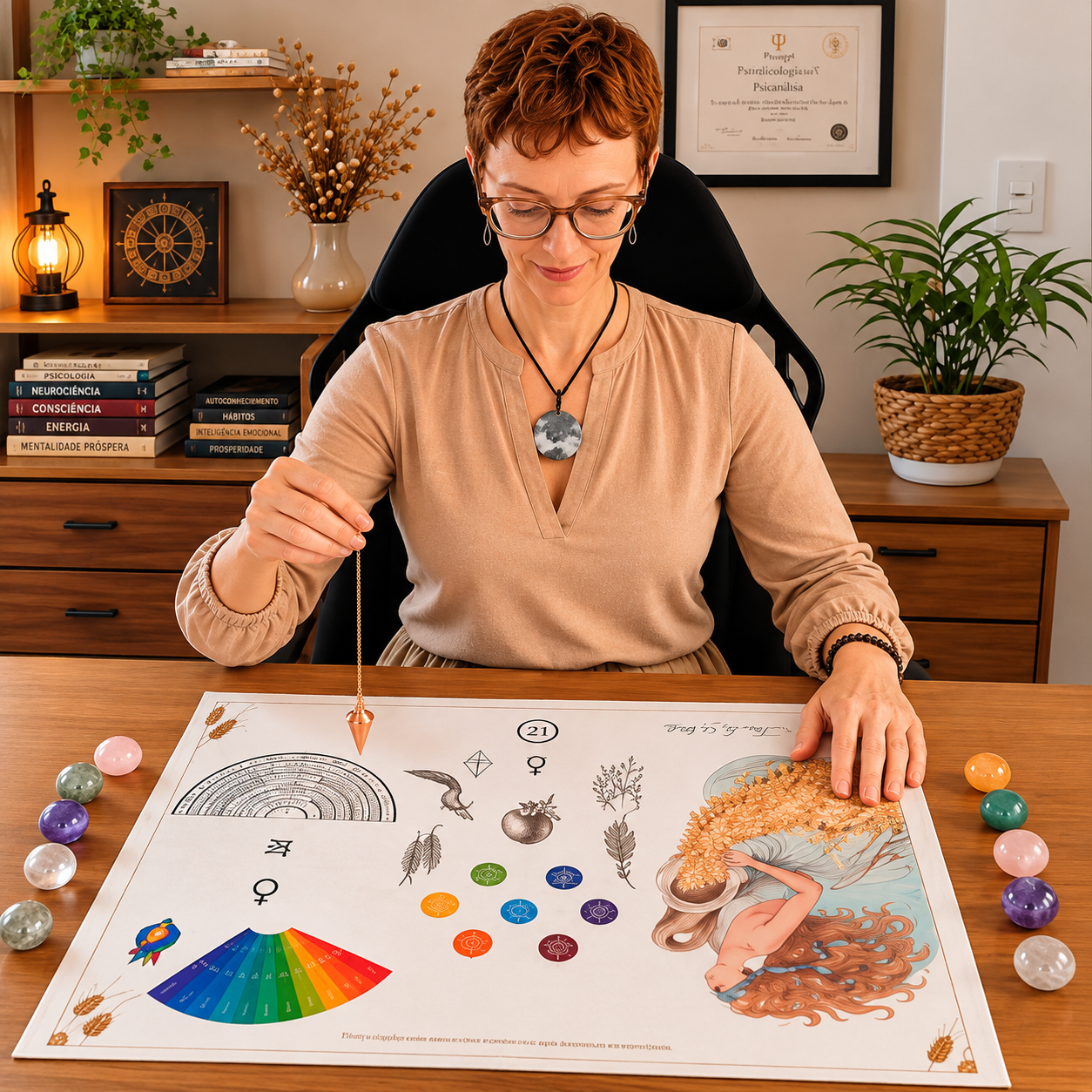 Sefi Strengerowski em seu escritório, utilizando um pêndulo sobre a mesa.